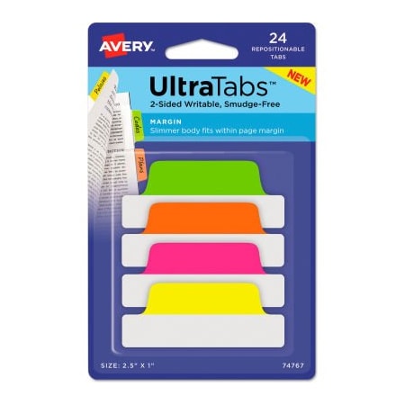 Avery Ultra Tabs Repositionable Tabs, 2-1/2in X 1in, Neon: Green, Orange, Pink, Yellow, 24/Pack